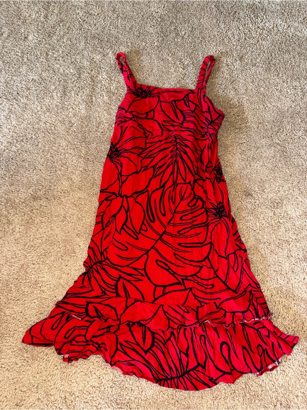 Red Tropical Print Girls Sundress with Ruffle Hem